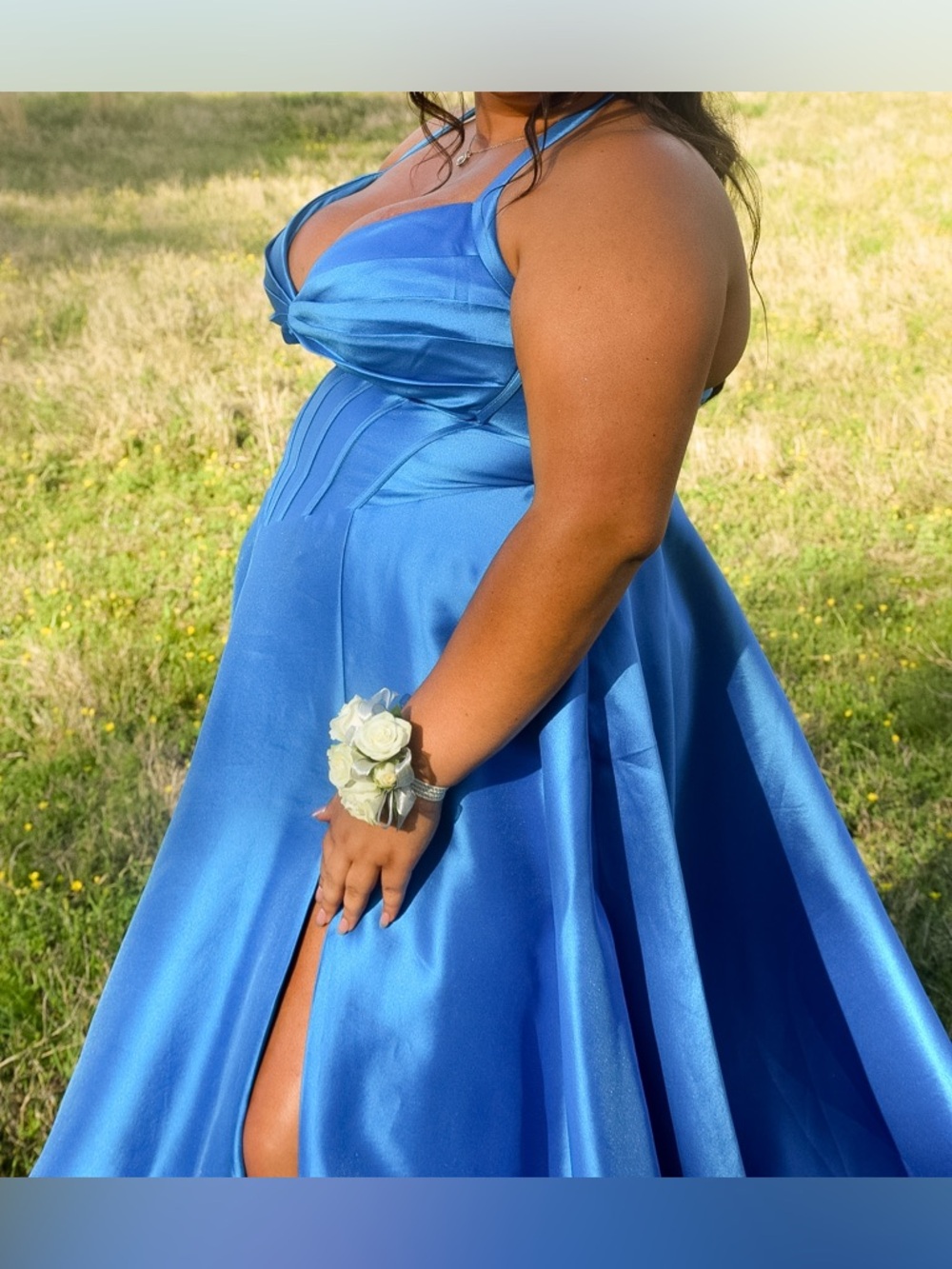 Plus Size Royal Blue Satin Prom Dress with Slit